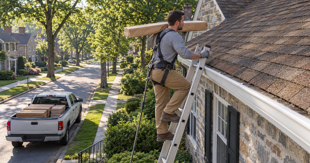 A roofer carrying a toe board plank up a ladder at the start of a roof job on a Haverford Township street of stone colonials.