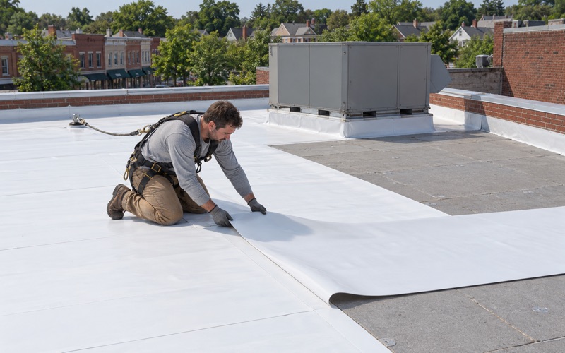 A roofer pulling a new white TPO membrane sheet into place on the flat roof of a two-story brick commercial building in Haverford Township.