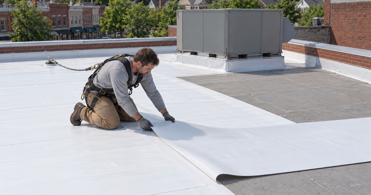 A roofer pulling a new white TPO membrane sheet into place on the flat roof of a two-story brick commercial building in Haverford Township.
