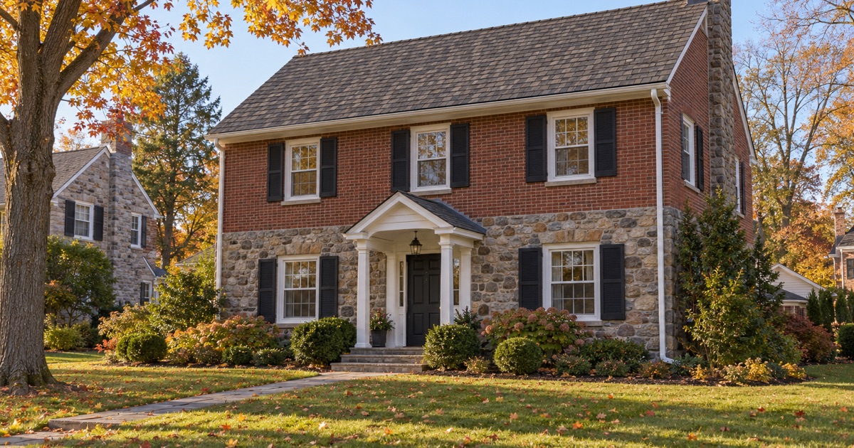 A finished new shingle roof on a 1930s stone and brick colonial in Haverford Township on a calm autumn afternoon.