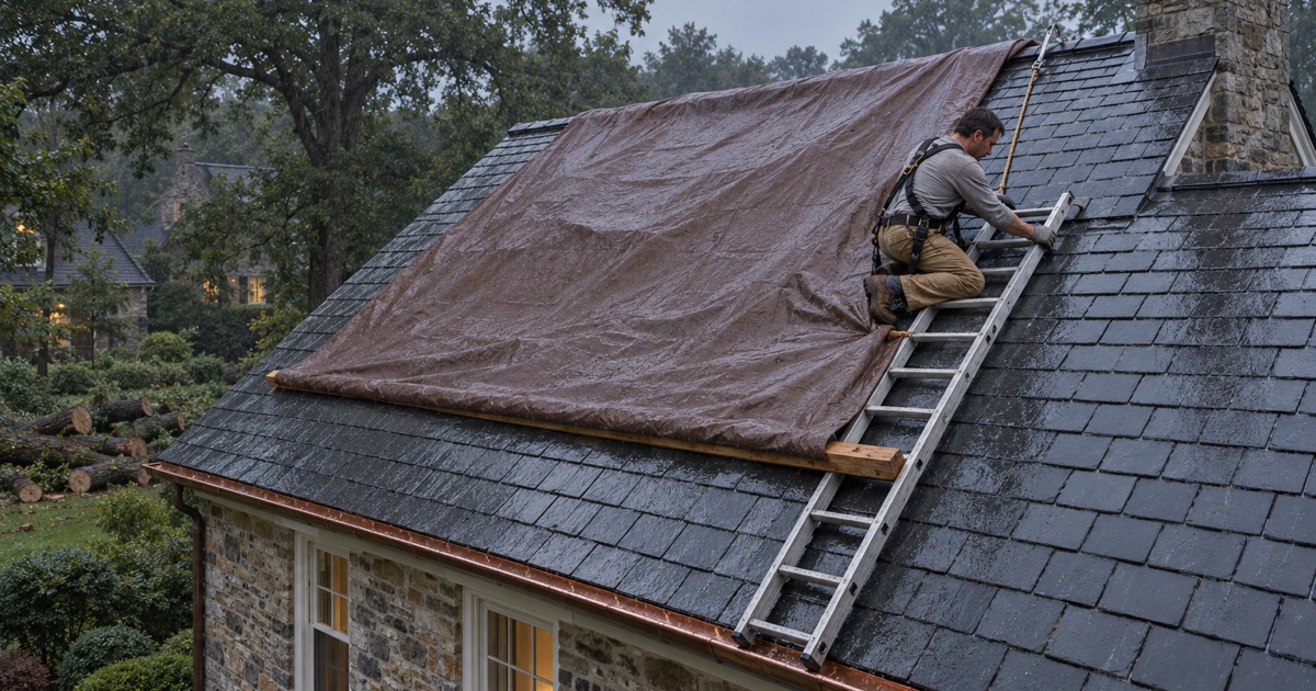 A heavy tarp held down over a hole in a slate roof in Haverford Township after a limb came through it, the limb already removed.