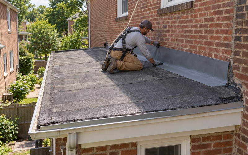 New base flashing pressed up the wall where the flat rear roof of a Brookline twin meets the main house.