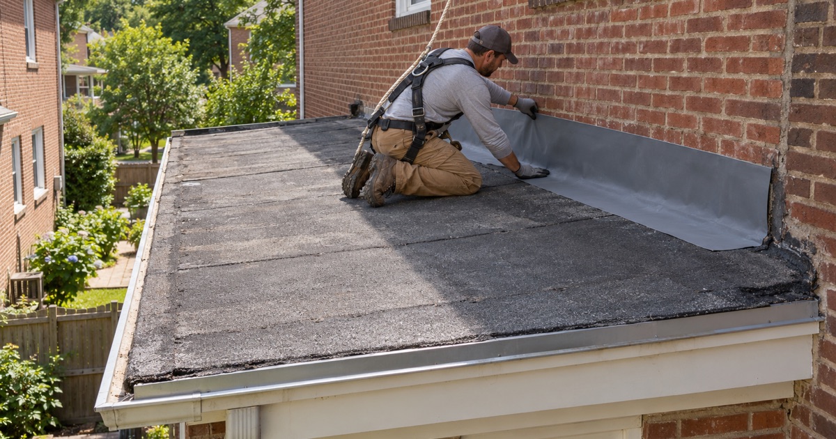New base flashing pressed up the wall where the flat rear roof of a Brookline twin meets the main house.