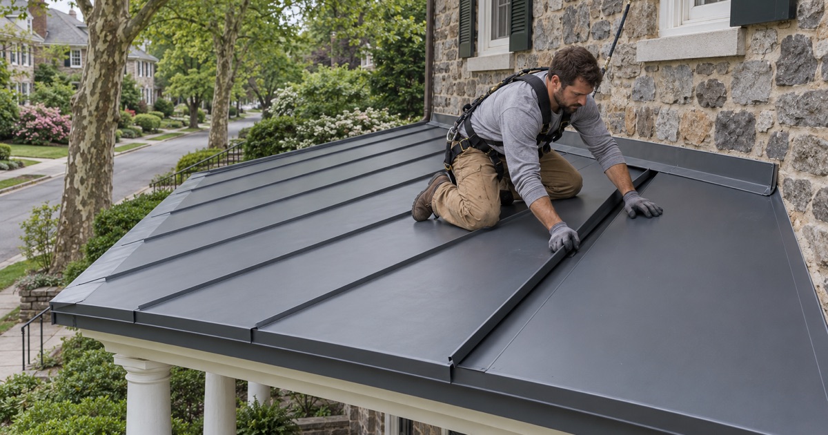 Dark gray standing-seam steel being laid on the front porch roof of a stone colonial in Haverford Township.