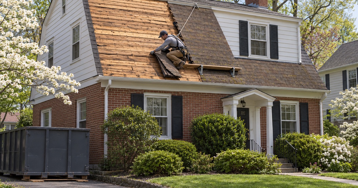 Two old layers of shingles coming off the board deck of a 1930s Dutch Colonial in Haverford Township, the most the township’s addendum allows.