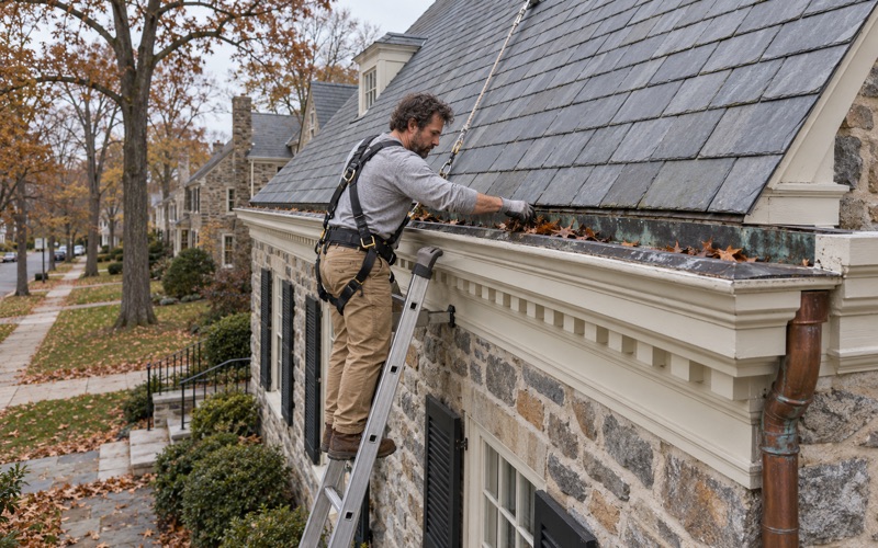 A roofer checking the built-in box gutter behind the wooden cornice of a 1920s stone colonial in Haverford Township.