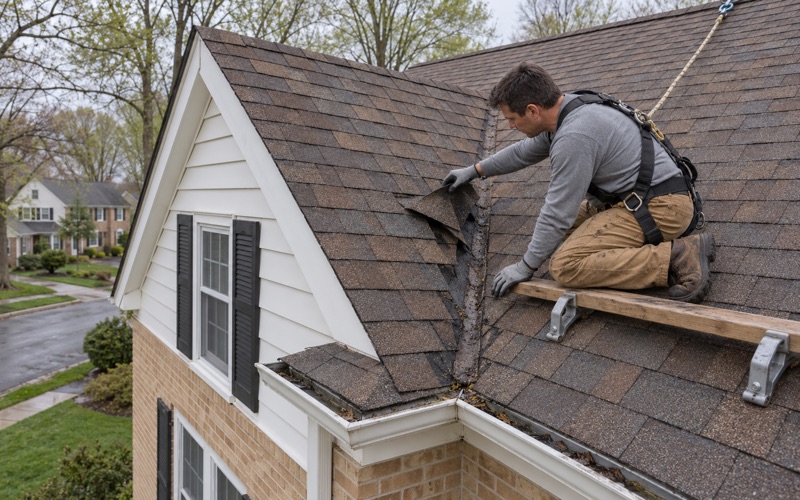 A roofer lifting shingles along a valley on a Haverford Township colonial to find where water was running under them.