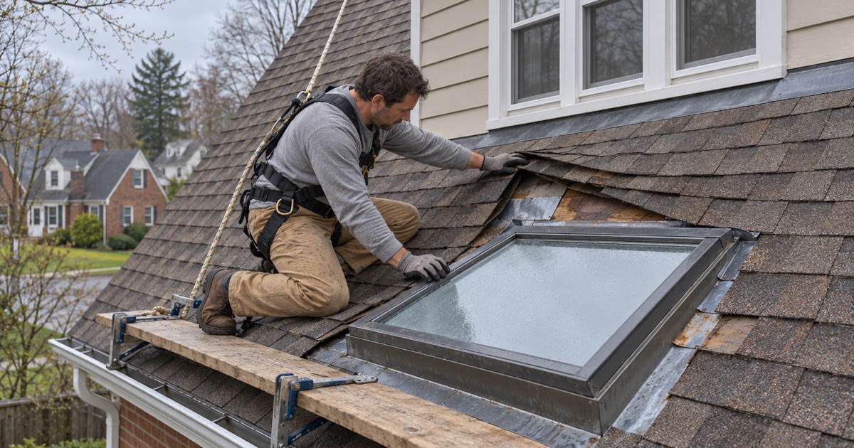 A roofer opening the shingles beside a leaking skylight on the rear roof of a Haverford Township Cape Cod to reach the step flashing.
