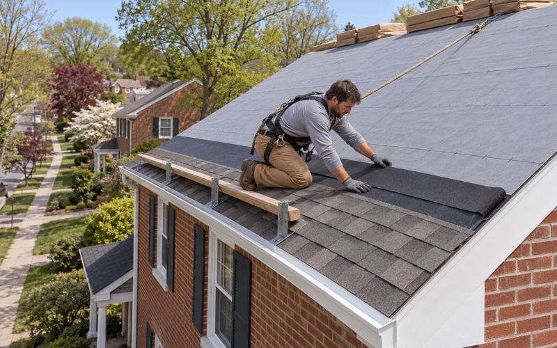 An ice shield strip and drip edge at the eave, with the first new shingles going down, on a roof replacement in Haverford Township.