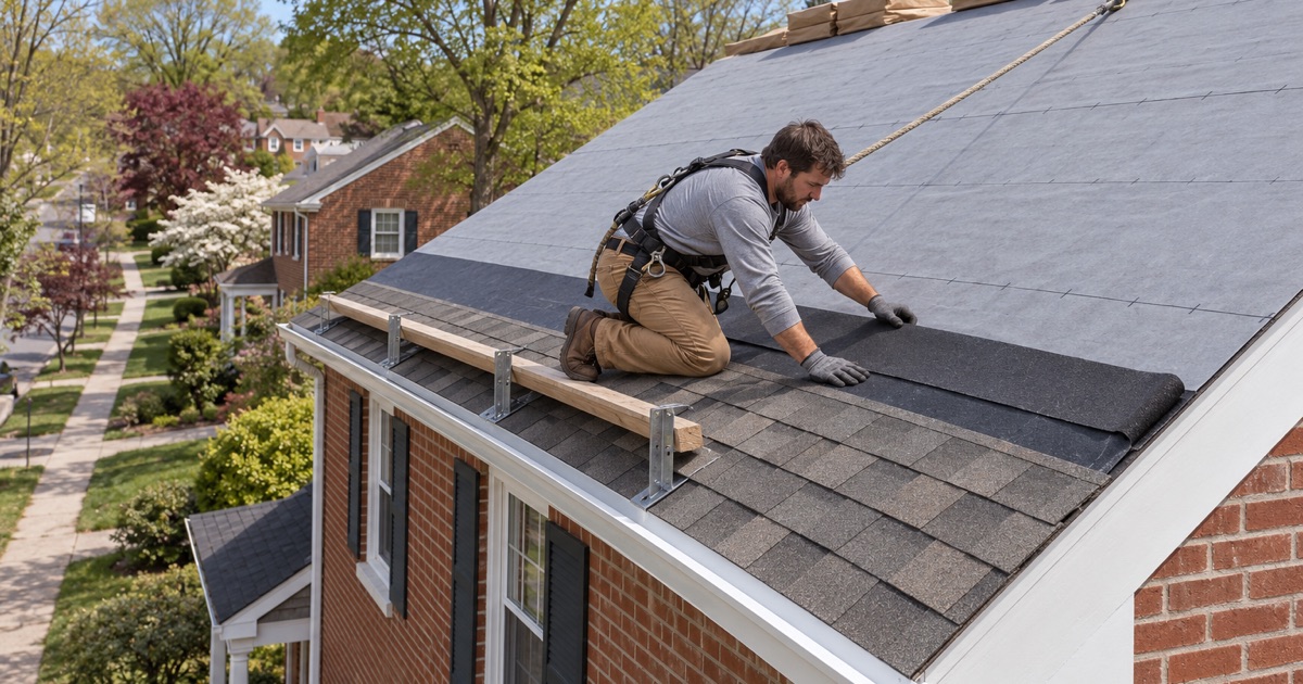 An ice shield strip and drip edge at the eave, with the first new shingles going down, on a roof replacement in Haverford Township.