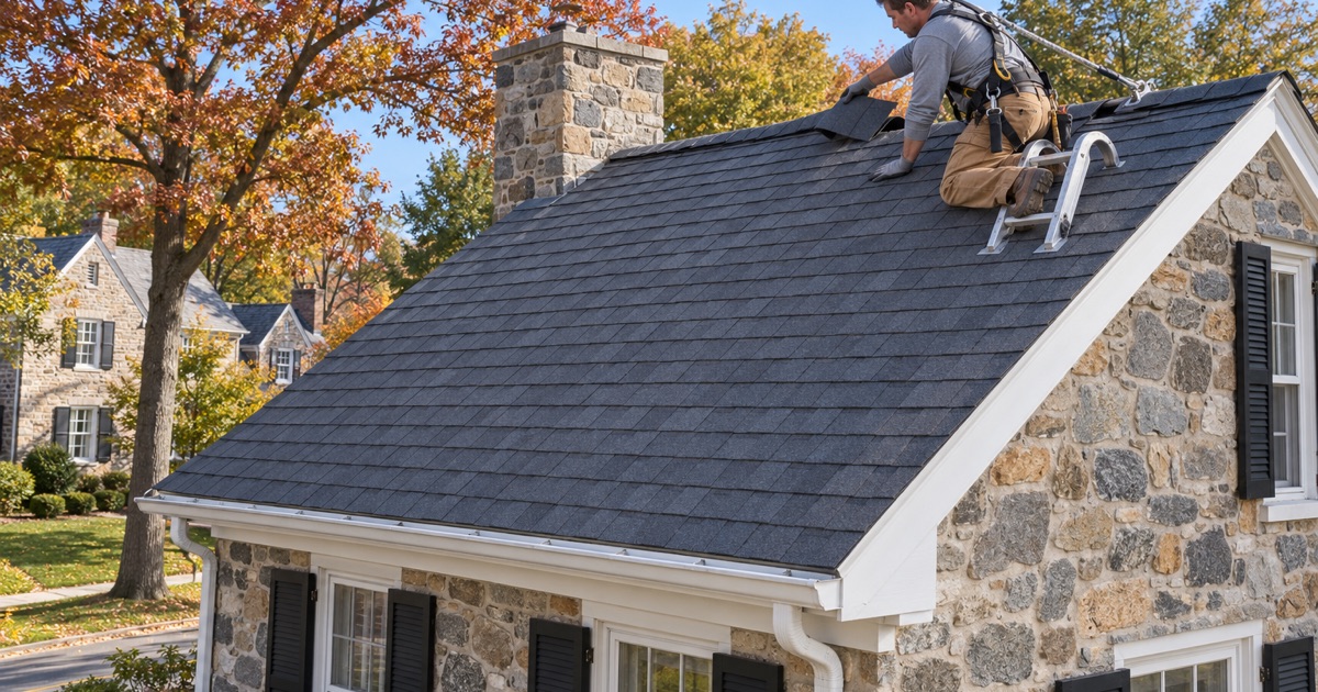 A roofer folding a new ridge cap over the finished shingle roof of a 1920s stone colonial in Oakmont, Haverford Township.