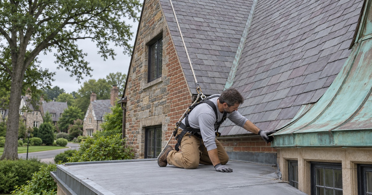 A slate main roof, a copper bay roof and a flat sunroom roof meeting on one 1920s Tudor Revival house in Haverford Township.