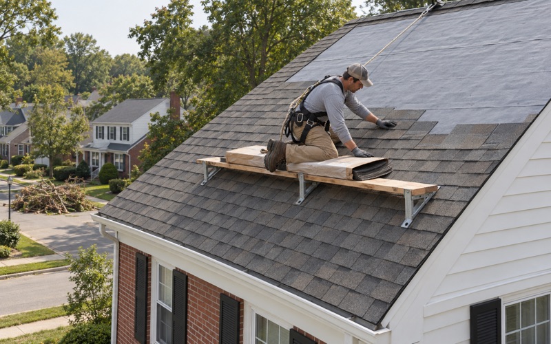 New shingles going onto a wind-stripped section of a 1950s colonial's roof in Haverford Township after a storm.