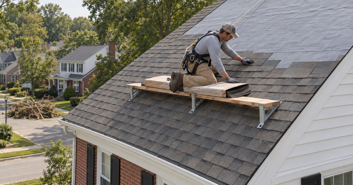 New shingles going onto a wind-stripped section of a 1950s colonial’s roof in Haverford Township after a storm.