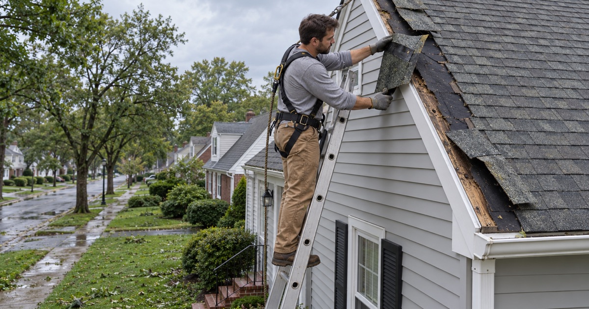 A roofer checking shingles torn away along the rake of a Haverford Township Cape Cod the morning after a summer storm, before the claim is filed.